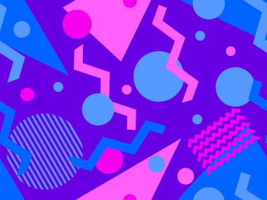 80 'lerin tarzında, geometrik şekilli, kusursuz Memphis deseni. Renkli geometrik desen. Promosyon ürünleri tasarımı, ambalaj kağıdı ve baskı. Vektör illüstrasyonu