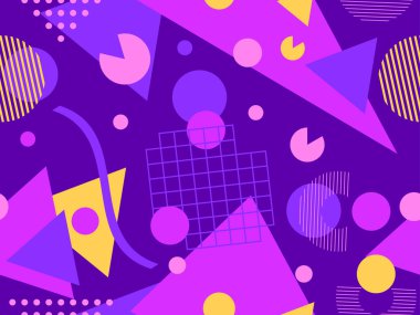 80 'lerin tarzında, geometrik şekilli, kusursuz Memphis deseni. Renkli geometrik desen. Promosyon ürünleri tasarımı, ambalaj kağıdı ve baskı. Vektör illüstrasyonu