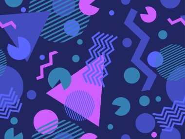 80 'lerin tarzında, geometrik şekilli, kusursuz Memphis deseni. Renkli geometrik desen. Promosyon ürünleri tasarımı, ambalaj kağıdı ve baskı. Vektör illüstrasyonu