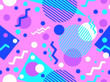 80 'lerin tarzında, geometrik şekilli, kusursuz Memphis deseni. Renkli geometrik desen. Promosyon ürünleri tasarımı, ambalaj kağıdı ve baskı. Vektör illüstrasyonu