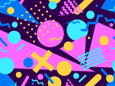 80 'lerin tarzında, geometrik şekilli, kusursuz Memphis deseni. Renkli geometrik desen. Promosyon ürünleri tasarımı, ambalaj kağıdı ve baskı. Vektör illüstrasyonu