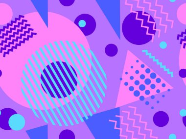 80 'lerin tarzında, geometrik şekilli, kusursuz Memphis deseni. Renkli geometrik desen. Promosyon ürünleri tasarımı, ambalaj kağıdı ve baskı. Vektör illüstrasyonu