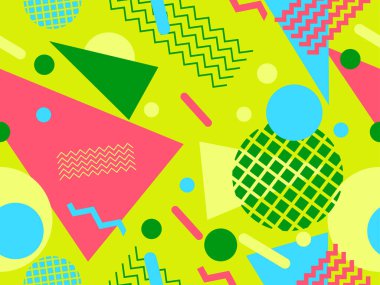 80 'lerin tarzında, geometrik şekilli, kusursuz Memphis deseni. Renkli geometrik desen. Promosyon ürünleri tasarımı, ambalaj kağıdı ve baskı. Vektör illüstrasyonu