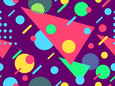 80 'lerin tarzında, geometrik şekilli, kusursuz Memphis deseni. Renkli geometrik desen. Promosyon ürünleri tasarımı, ambalaj kağıdı ve baskı. Vektör illüstrasyonu