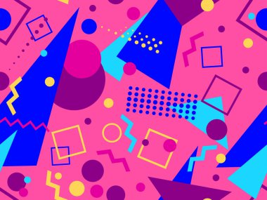 80 'lerin tarzında, geometrik şekilli, kusursuz Memphis deseni. Renkli geometrik desen. Promosyon ürünleri tasarımı, ambalaj kağıdı ve baskı. Vektör illüstrasyonu