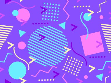 Memphis tarzında geometrik şekilli 80 'lerin kusursuz deseni. Daireler ve üçgenler. Promosyon ürünleri, afişler ve ambalaj kağıtları için renkli soyut bir arkaplan. Vektör illüstrasyonu