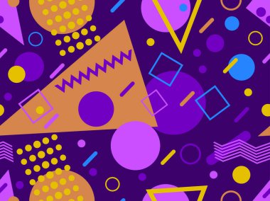 80 'lerin tarzında, geometrik şekilli, kusursuz Memphis deseni. Renkli geometrik desen. Promosyon ürünleri tasarımı, ambalaj kağıdı ve baskı. Vektör illüstrasyonu