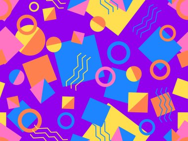 Memphis tarzında geometrik şekilli 80 'lerin kusursuz deseni. Daireler ve üçgenler. Promosyon ürünleri, afişler ve ambalaj kağıtları için renkli soyut bir arkaplan. Vektör illüstrasyonu