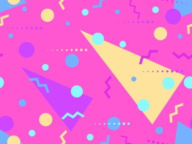 Memphis tarzında geometrik şekilli 80 'lerin kusursuz deseni. Daireler ve üçgenler. Promosyon ürünleri, afişler ve ambalaj kağıtları için renkli soyut bir arkaplan. Vektör illüstrasyonu