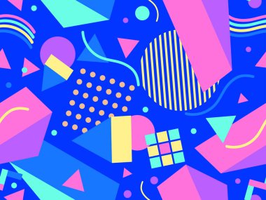 Memphis tarzında geometrik şekilli 80 'lerin kusursuz deseni. Daireler ve üçgenler. Promosyon ürünleri, afişler ve ambalaj kağıtları için renkli soyut bir arkaplan. Vektör illüstrasyonu