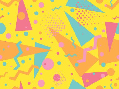 80 'lerin memphis tarzında geometrik kusursuz desen. Geometrik şekilli renkli bir arka plan. Promosyon ürünleri, ambalaj kağıdı, broşür ve baskı için tasarım. Vektör illüstrasyonu