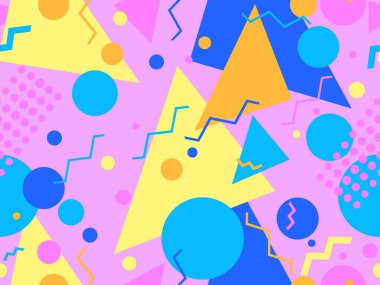 80 'lerin memphis tarzında geometrik kusursuz desen. Geometrik şekilli renkli bir arka plan. Promosyon ürünleri, ambalaj kağıdı, broşür ve baskı için tasarım. Vektör illüstrasyonu