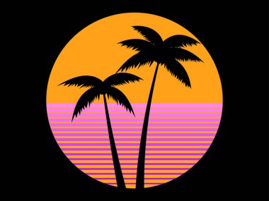 80 'lerin günbatımında palmiye ağaçları. Eski günbatımı arka planında palmiye ağaçlarının silueti. Promosyon ürünleri, afiş ve poster tasarımı. Vektör illüstrasyonu