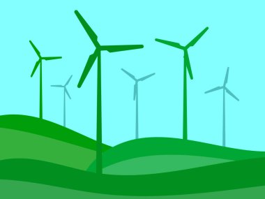 Rüzgâr türbinleri olan bir manzara. Yeşil enerji konsepti, rüzgar türbini siluetleri. Yenilenebilir enerji, temiz elektrik üretimi. Çevre dostu rüzgar enerjisi. Vektör İllüstrasyonu
