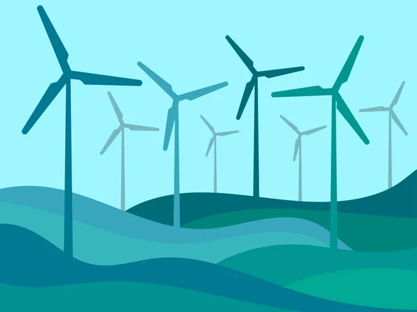 有风力涡轮机的景观 绿色能源概念 风力涡轮机轮廓 可再生能源 清洁电力生产 无害生态的风能 病媒图解 — 图库矢量图片