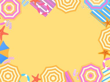 Plaj çerçevesi, üst manzara. Plaj şemsiyeleri ve deniz yıldızlı parmak arası terlikler. Davetiye, el ilanı ve metin için yeri olan bir tebrik kartı şablonu tasarla. Vektör illüstrasyonu