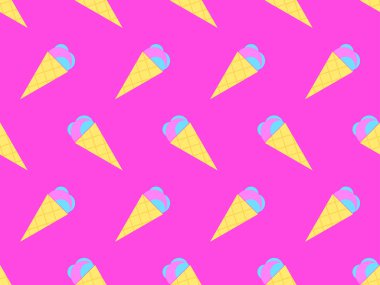 Dondurma külahı kusursuz desen. Gofret tarzı bir külahta dondurma. Popüler sanat tarzında dondurmalı yaz arkaplanı. Afişler, promosyon ürünleri ve ambalaj kağıtları için tasarım. Vektör illüstrasyonu