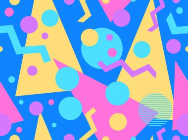 80 'lerin memphis tarzında geometrik kusursuz desen. Geometrik şekilli renkli bir arka plan. Promosyon ürünleri, ambalaj kağıdı, broşür ve baskı için tasarım. Vektör illüstrasyonu