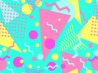 80 'lerin memphis tarzında geometrik kusursuz desen. Geometrik şekilli renkli bir arka plan. Promosyon ürünleri, ambalaj kağıdı, broşür ve baskı için tasarım. Vektör illüstrasyonu