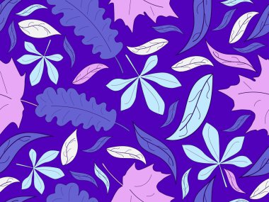 Renkli yapraklar ve pürüzsüz bir desen. Sonbahar yaprağı düşer, yaprak düşer. Meşe ve akçaağaç. Paket kağıdı, kumaş baskı ve promosyon ürünleri için tasarım. Vektör illüstrasyonu