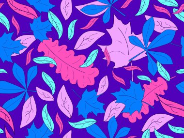 Renkli yapraklar ve pürüzsüz bir desen. Sonbahar yaprağı düşer, yaprak düşer. Meşe ve akçaağaç. Paket kağıdı, kumaş baskı ve promosyon ürünleri için tasarım. Vektör illüstrasyonu