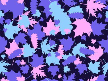 Renkli yapraklar pürüzsüz desen. Sonbahar yaprakları dökülür, yaprak düşer. Meşe ve akçaağaç. Paket kağıdı, baskı, kumaş ve baskı için tasarlandı. Vektör illüstrasyonu