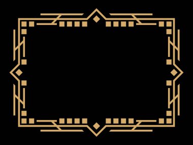 Art deco çerçeve. Klasik doğrusal sınır. Davetiyeler, broşürler ve tebrik kartları için bir şablon tasarla. Geometrik altın çerçeveli. 1920 'lerin tarzı - 1930' lar. Vektör illüstrasyonu