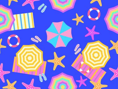 Plaj manzarası pürüzsüz. Plaj şemsiyeleri ve havlular, deniz yıldızlı parmak arası terlikler. Afişler, baskılar ve promosyon ürünleri için tasarım. Vektör illüstrasyonu