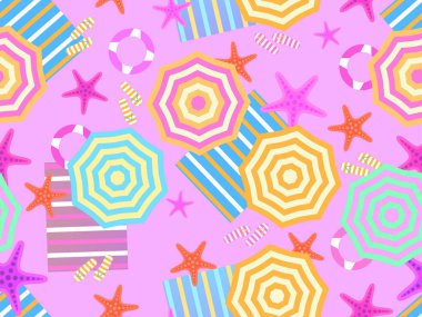 Plaj manzarası pürüzsüz. Plaj şemsiyeleri ve havlular, deniz yıldızlı parmak arası terlikler. Afişler, baskılar ve promosyon ürünleri için tasarım. Vektör illüstrasyonu