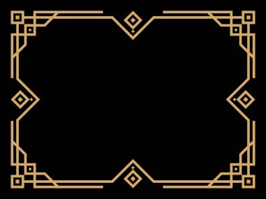 Art deco çerçeve. Klasik doğrusal sınır. Davetiyeler, broşürler ve tebrik kartları için bir şablon tasarla. Geometrik altın çerçeveli. 1920 'lerin tarzı - 1930' lar. Vektör illüstrasyonu