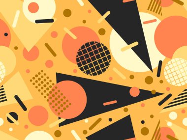 80 'lerin tarzında, geometrik şekilli, kusursuz Memphis deseni. Renkli geometrik desen. Promosyon ürünleri tasarımı, ambalaj kağıdı ve baskı. Vektör illüstrasyonu