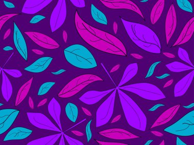 Oak leaves seamless pattern. Purple and blue oak autumn leaves. Falling leaves, leaf fall. Design for wrapping paper, fabric printing and promotional items. Vector illustration
