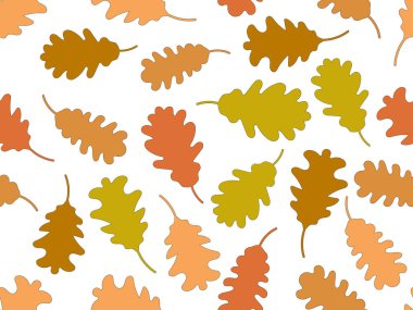 Meşe yaprakları pürüzsüz desen bırakır. Turuncu ve kahverengi meşe yaprakları beyaz arka planda izole edilmiş. Paket kağıdı, kumaş baskı ve promosyon ürünleri için tasarım. Vektör illüstrasyonu