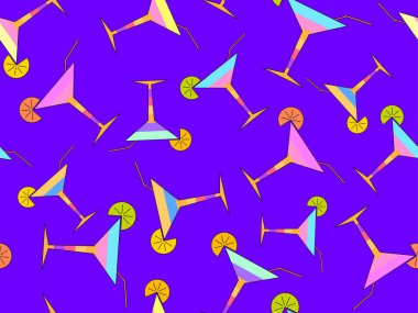 Pipet ve portakal dilimli kokteyller. Mor arka planda kaotik bir şekilde alkollü kokteyller. Bar menüleri, reklam malzemeleri ve afişler. Vektör illüstrasyonu