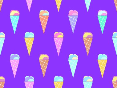 Dondurma külahı kusursuz desen. Mor arka planda gofret tarzı dondurma. Afişler, promosyon ürünleri ve ambalaj kağıtları için tasarım. Vektör illüstrasyonu