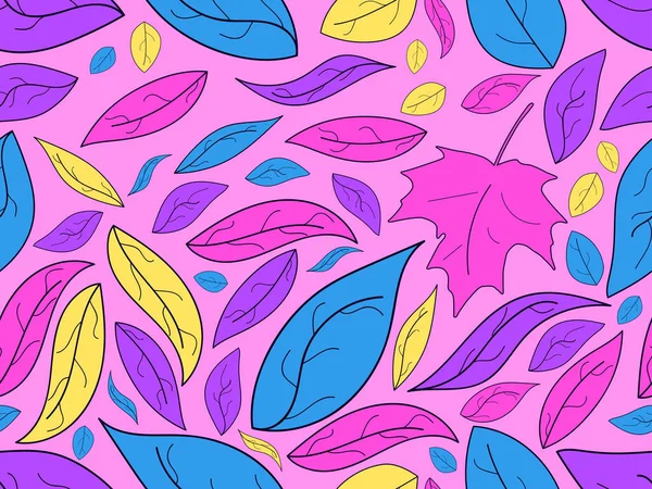 Feuilles Colorées Motif Sans Couture Feuilles Jaunes Bleues Violettes Feuilles — Image vectorielle