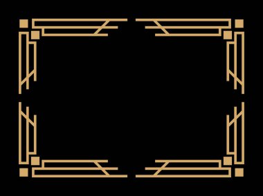 Art deco çerçeve. Klasik doğrusal sınır. Davetiyeler, broşürler ve tebrik kartları için bir şablon tasarla. Geometrik altın çerçeveli. 1920 'lerin tarzı - 1930' lar. Vektör illüstrasyonu