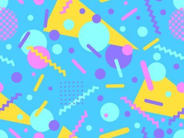 80 'lerin memphis tarzında geometrik kusursuz desen. Geometrik şekilli renkli bir arka plan. Promosyon ürünleri, ambalaj kağıdı, broşür ve baskı için tasarım. Vektör illüstrasyonu