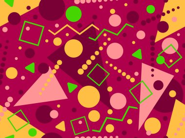 80 'lerin memphis tarzında geometrik kusursuz desen. Geometrik şekilli renkli bir arka plan. Promosyon ürünleri, ambalaj kağıdı, broşür ve baskı için tasarım. Vektör illüstrasyonu