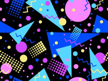 80 'lerin memphis tarzında geometrik kusursuz desen. Geometrik şekilli renkli bir arka plan. Promosyon ürünleri, ambalaj kağıdı, broşür ve baskı için tasarım. Vektör illüstrasyonu