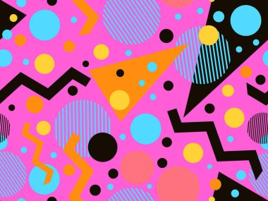 80 'lerin memphis tarzında geometrik kusursuz desen. Geometrik şekilli renkli bir arka plan. Promosyon ürünleri, ambalaj kağıdı, broşür ve baskı için tasarım. Vektör illüstrasyonu