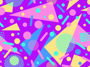 80 'lerin tarzında, geometrik şekilli, kusursuz Memphis deseni. Renkli geometrik desen. Promosyon ürünleri tasarımı, ambalaj kağıdı ve baskı. Vektör illüstrasyonu