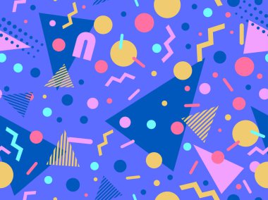 80 'lerin tarzında, geometrik şekilli, kusursuz Memphis deseni. Renkli geometrik desen. Promosyon ürünleri tasarımı, ambalaj kağıdı ve baskı. Vektör illüstrasyonu