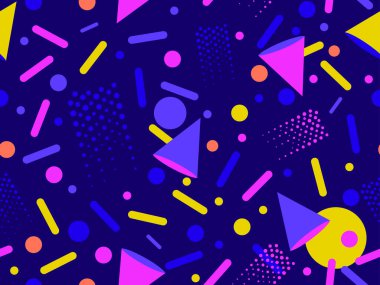 80 'lerin tarzında, geometrik şekilli, kusursuz Memphis deseni. Renkli geometrik desen. Promosyon ürünleri tasarımı, ambalaj kağıdı ve baskı. Vektör illüstrasyonu