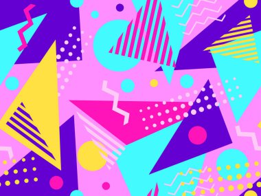 80 'lerin memphis tarzında geometrik kusursuz desen. Geometrik şekilli renkli bir arka plan. Promosyon ürünleri, ambalaj kağıdı, broşür ve baskı için tasarım. Vektör illüstrasyonu