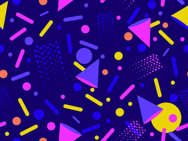 80 'lerin tarzında, geometrik şekilli, kusursuz Memphis deseni. Renkli geometrik desen. Promosyon ürünleri tasarımı, ambalaj kağıdı ve baskı. Vektör illüstrasyonu