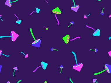 Psikedelik mantarlar kusursuz desen. Asit tribi, 80 'lerin tarzında renkli mantarlar. Posterler, afişler ve promosyon ürünleri için tasarım. Vektör illüstrasyonu