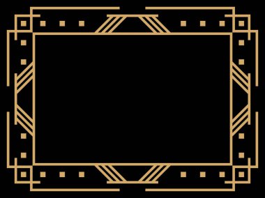 Art deco çerçeve. Klasik doğrusal sınır. Davetiyeler, broşürler ve tebrik kartları için bir şablon tasarla. Geometrik altın çerçeveli. 1920 'lerin tarzı - 1930' lar. Vektör illüstrasyonu
