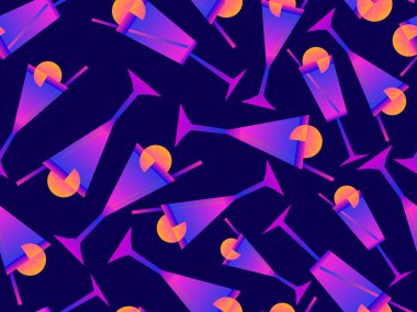 Şemsiyeli kokteyl. 80 'lerin tarzında dikişsiz. Şemsiyeli ve limonlu alkollü kokteyller. Bar menüleri, reklam malzemeleri ve afişler için tasarım. Vektör illüstrasyonu