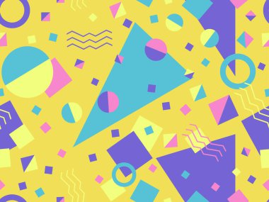 80 'lerin memphis tarzında geometrik kusursuz desen. Geometrik şekilli renkli bir arka plan. Promosyon ürünleri, ambalaj kağıdı, broşür ve baskı için tasarım. Vektör illüstrasyonu